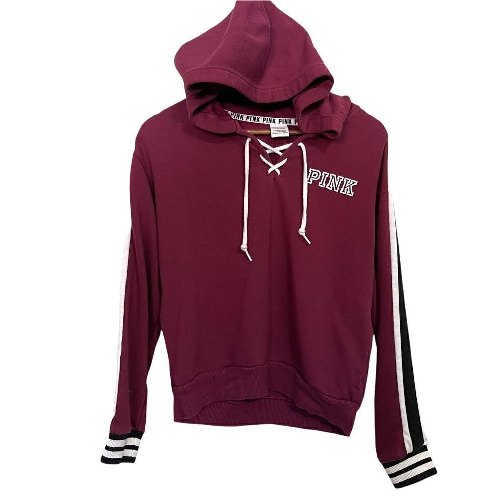 PINK Victoria's Secret Women's Burgundy Stripe Lace Up Hoodie Sweatshirt Small